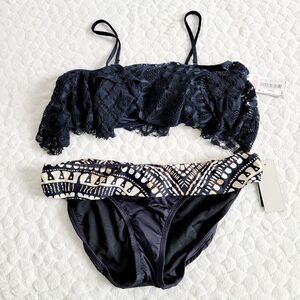 New Kenneth Cole Reaction bikini swimsuit bathingsuit large black flounce lace